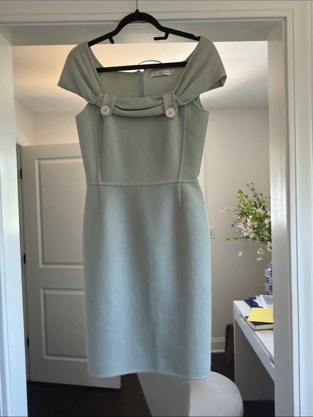Dior Sage Green Midi Sheath Dress with Button-Trim Neckline